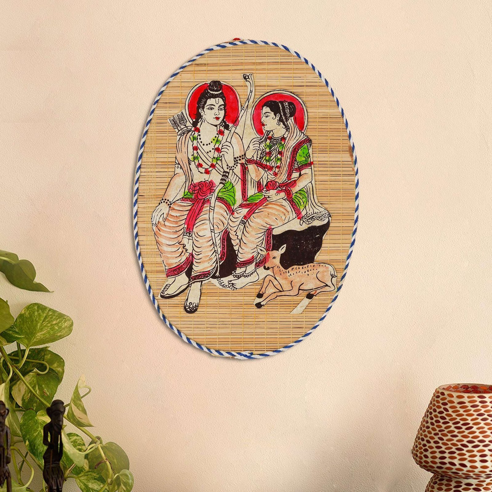 Oval Shaped Design Bamboo Hand Crafted Wall Hangings Of Shri Ram Ji With Janaki Ji For Home D?cor | Bamboo Art For Wall Decor - Image 2