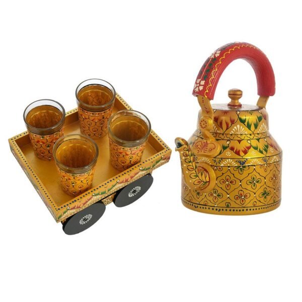 HandPainted Alluminium  Tea Kettle with Four Glasses and Wooden Tray For Home Décor , Tea Party , Serving