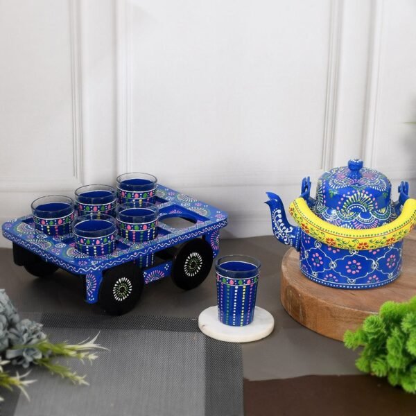 HandPainted Alluminium  Tea Kettle with 6 Glasses and Wooden Tray For Home Décor , Tea Party , Serving