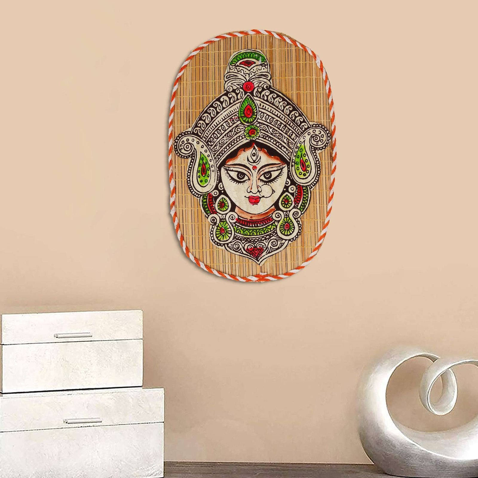 Oval Shaped Design Bamboo Hand Crafted Wall Hangings Durga Ji For Home D?cor | Bamboo Art For Wall Decor - Image 3