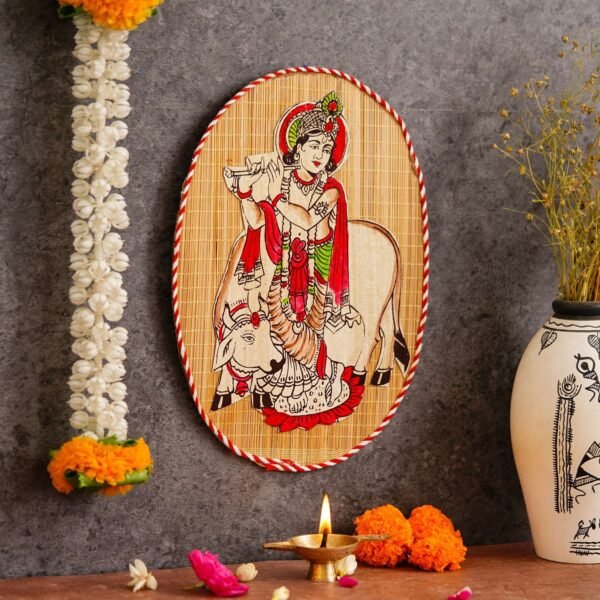 Oval Shaped Design Bamboo Hand Crafted Wall Hangings Of Krishna Ji With Holy Cow For Home D?cor | Bamboo Art For Wall Decor