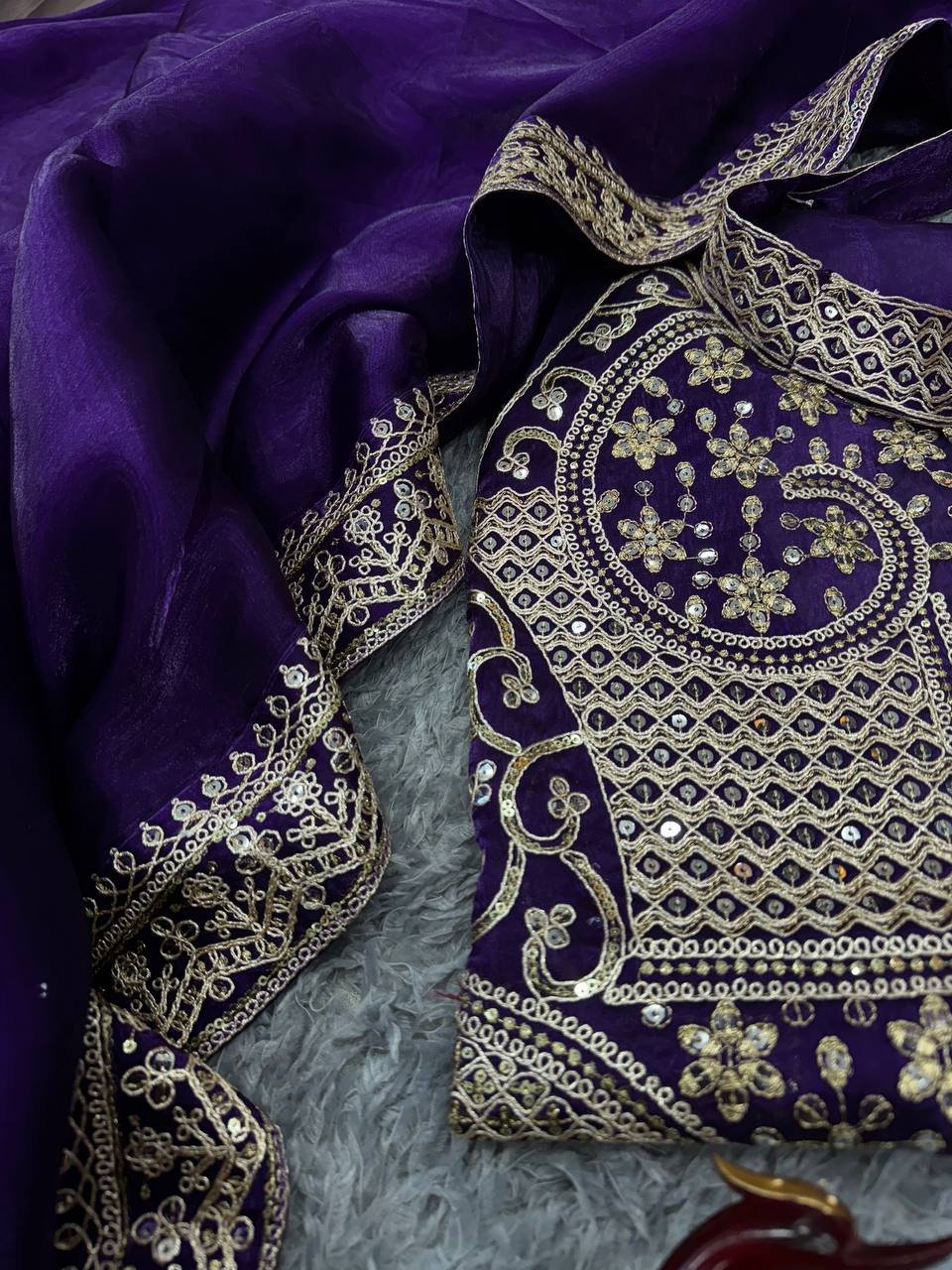 Women's Luxurious Plum Satin Saree with Intricate Zari & Sequin Embroidered Blouse - Image 2
