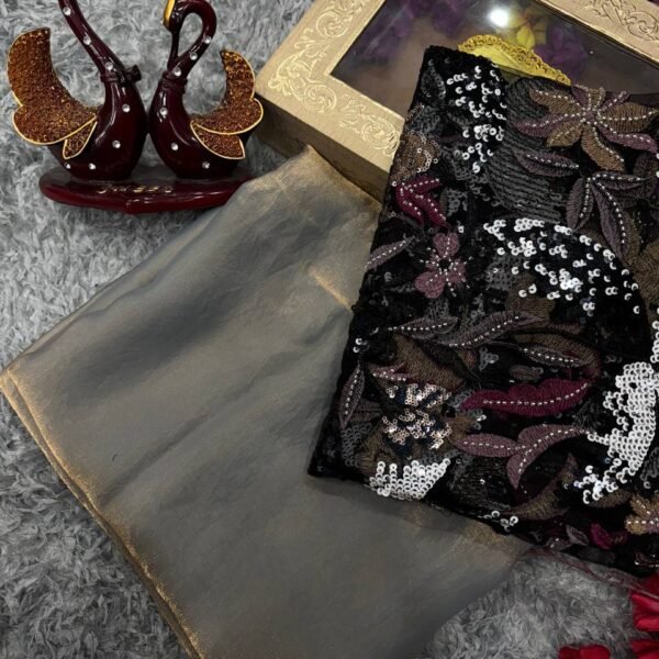 Women's Luxurious Shimmering Grey Organza Saree with Intricately Embroidered Blouse - Perfect for Festive & Evening Wear