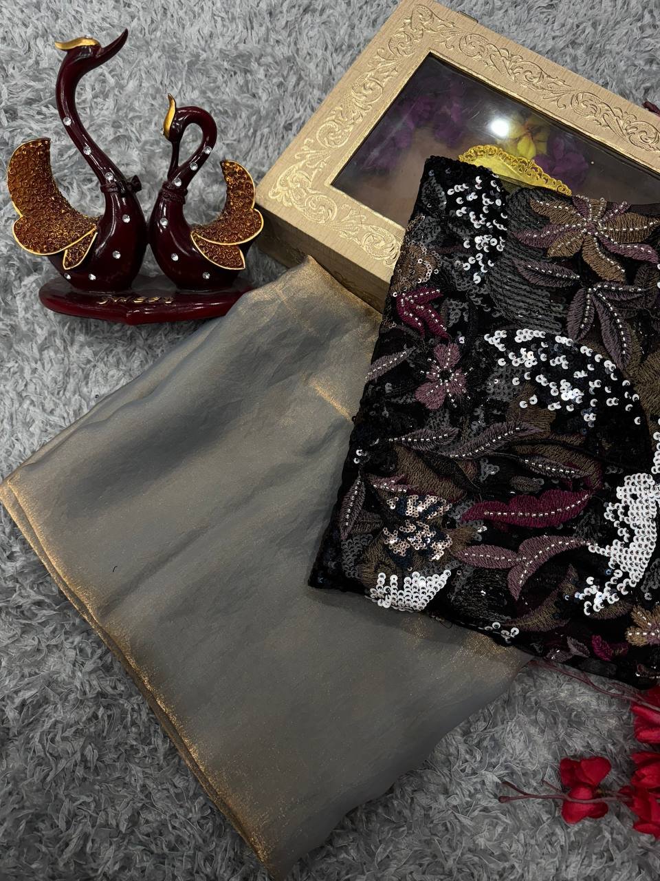 Women's Luxurious Shimmering Grey Organza Saree with Intricately Embroidered Blouse - Perfect for Festive & Evening Wear