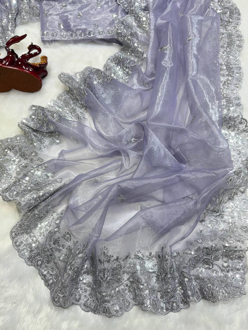 Women's Dreamy Lavender Twill Net Saree with All-Over Silver Sequin & Thread Embroidery – Complete with Heavily Worked Border for Festive & Wedding Wear - Image 7
