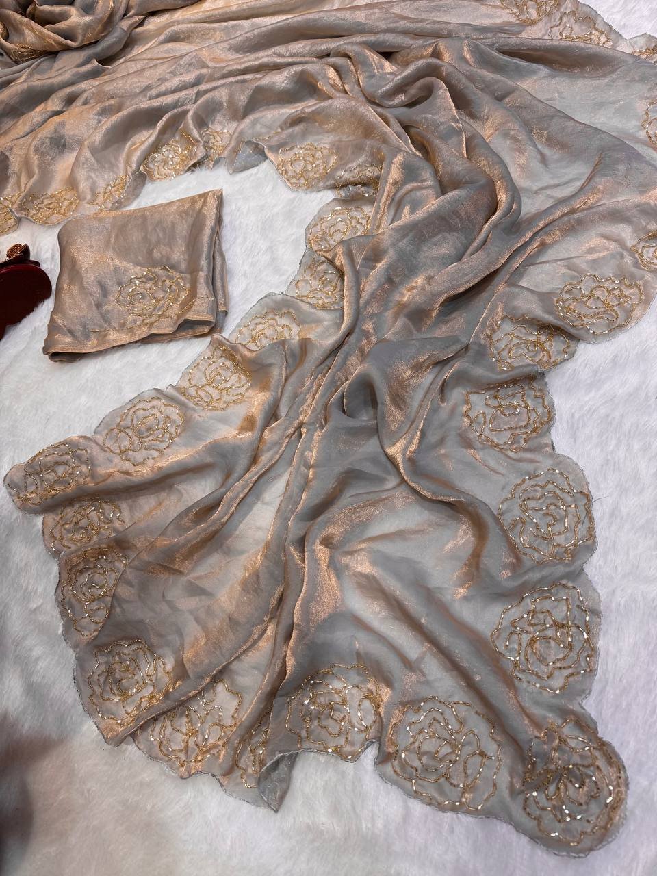 Women's Pure Soft Fendy Satin Saree with Full Floral Handwork Design & Running Blouse Piece – Available in Multiple Colors for Festive & Casual Wear - Image 7