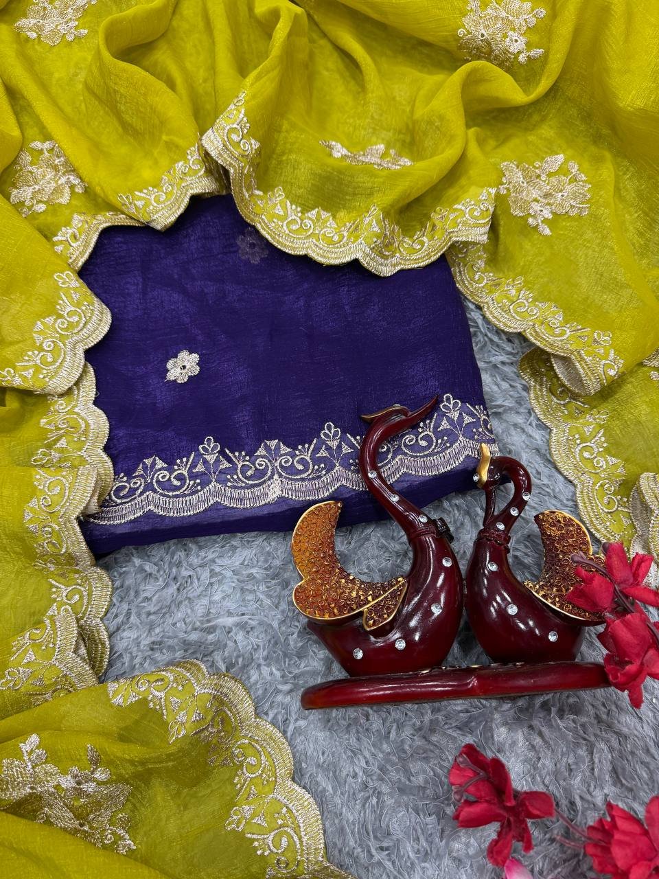 Women's Radiant Lime Yellow Organza Saree with Intricate Gold Zari Embroidery & Scalloped Border – Complete with Blouse Piece for Festive & Party Wear - Image 6